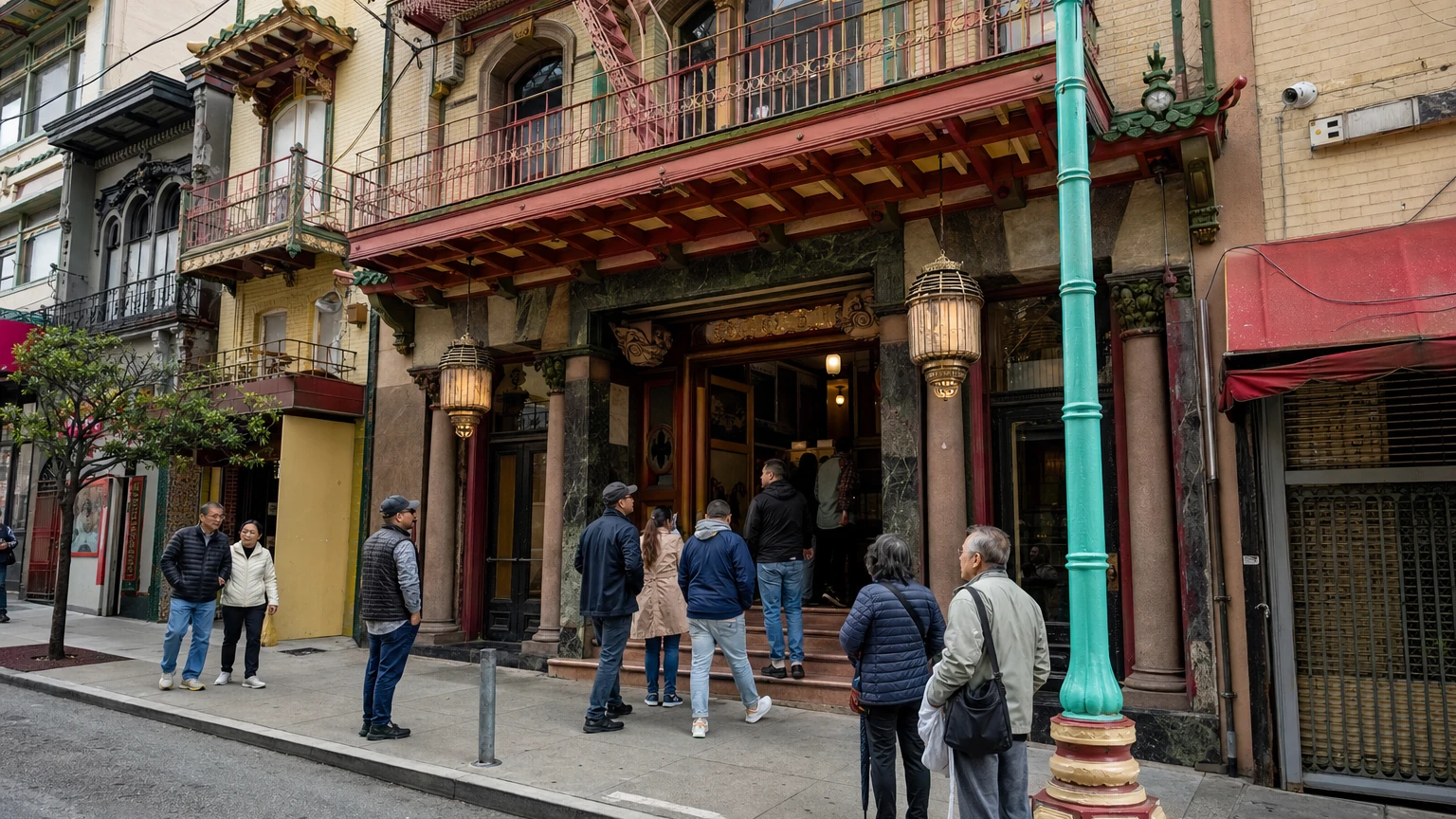 Representative illustration of the historic Empress of China building on Grant Avenue in San Francisco Chinatown with visitors arriving.