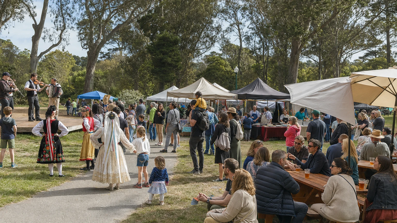 Representative editorial illustration of a multicultural outdoor festival at Peacock Meadow in Golden Gate Park.