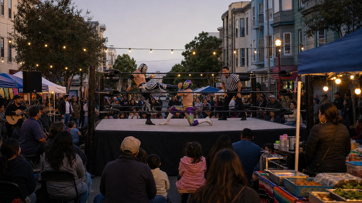 Representative editorial illustration of a free neighborhood night market with a colorful lucha libre ring near Mission Street and Ocean Avenue in San Francisco.