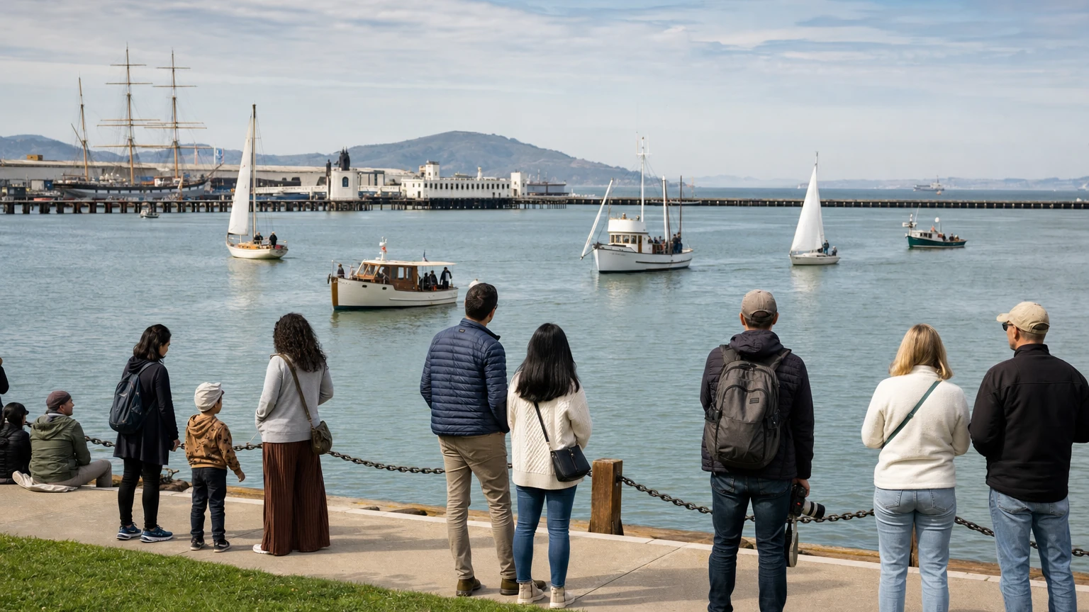 Representative editorial illustration of a maritime festival at Aquatic Park with small boats parading across the cove and spectators along the San Francisco waterfront.