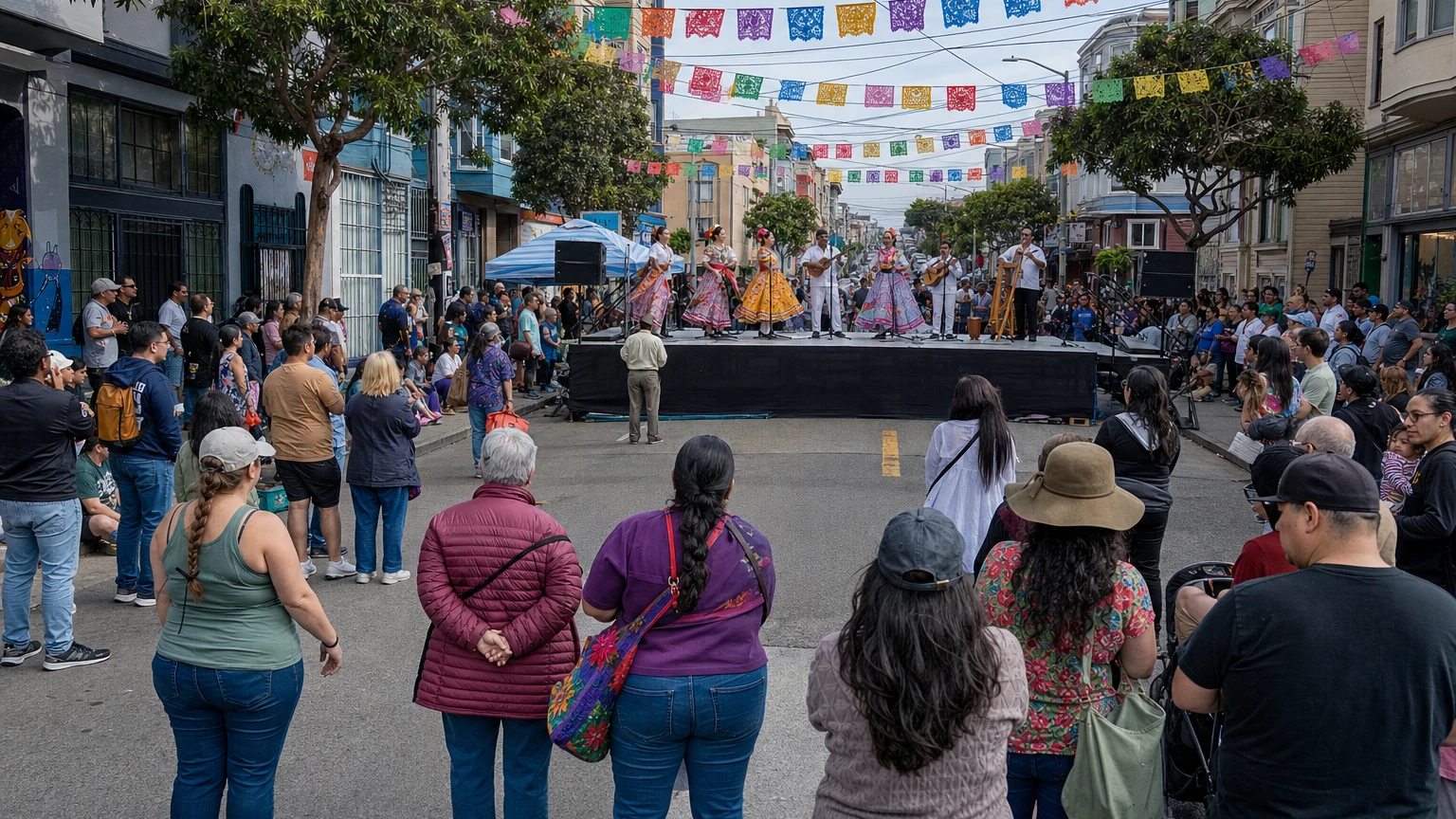 Representative illustration of a family-friendly Latino cultural street festival in San Francisco’s Mission District.
