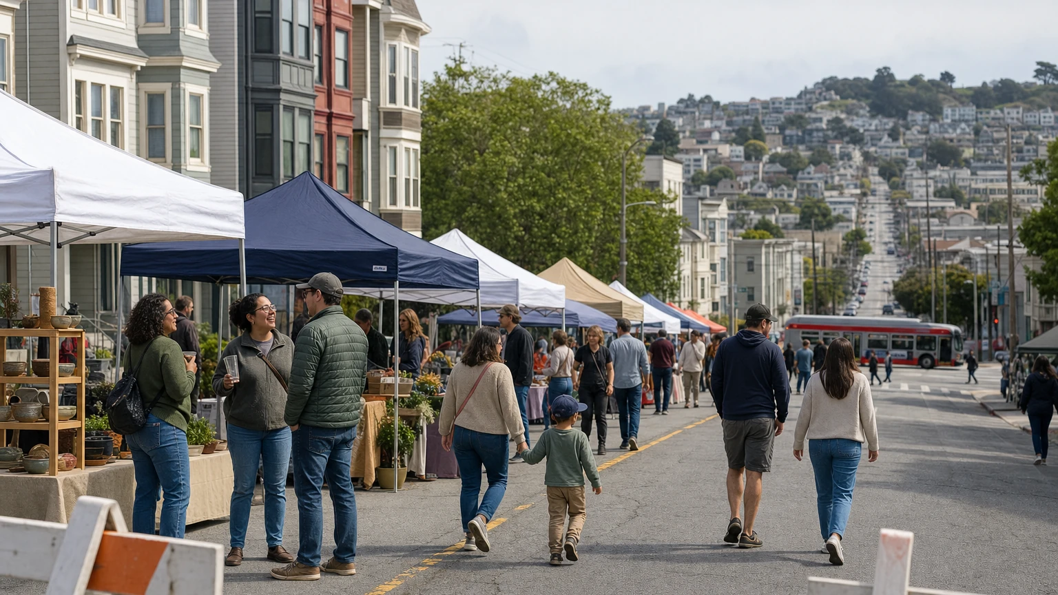 Representative editorial illustration of a neighborhood street fair on Cortland Avenue in Bernal Heights with pedestrians and a Muni bus detour nearby.