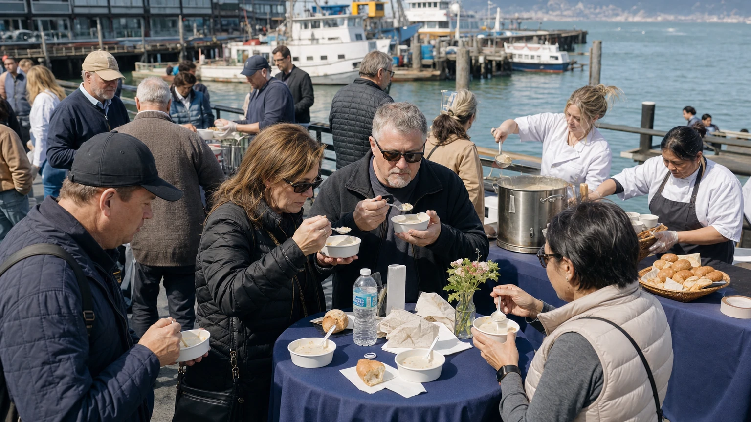Representative editorial illustration of an outdoor clam chowder tasting competition at Fisherman’s Wharf with sourdough bowls and waterfront crowds.