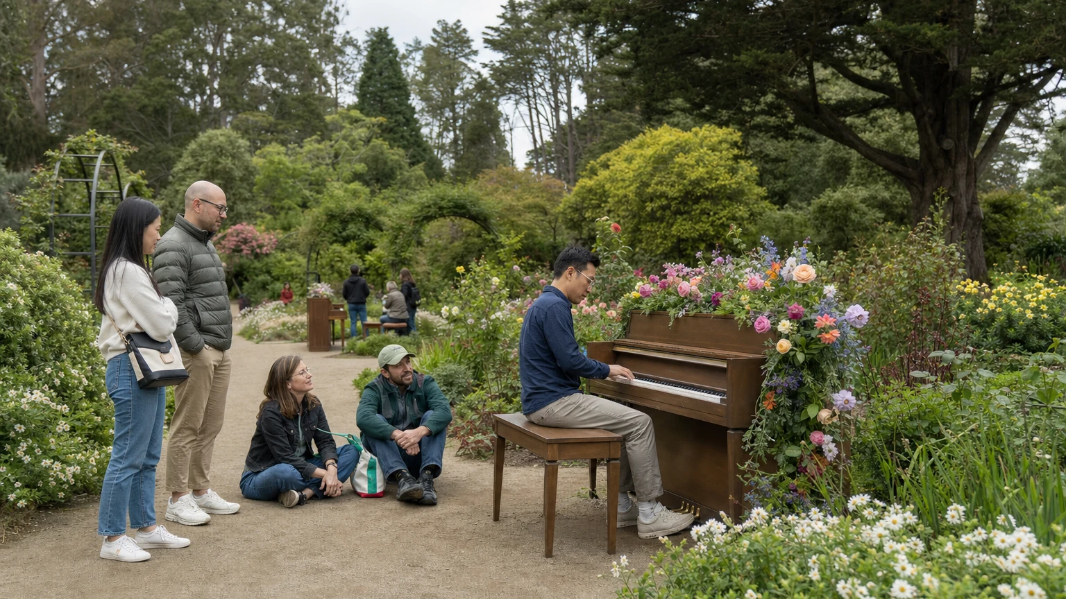 Representative editorial illustration of outdoor pianos and visitors among the plant collections of the San Francisco Botanical Garden.