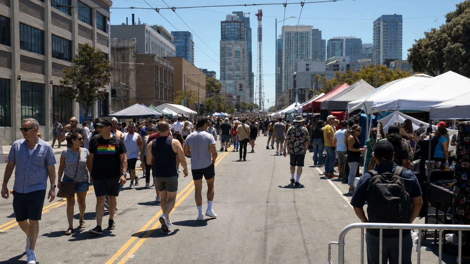 Representative editorial illustration of a large adult street-fair crowd on closed Folsom Street in San Francisco’s SoMa neighborhood.