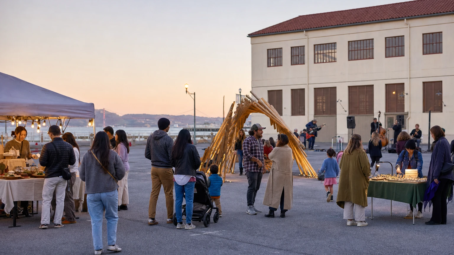 Representative editorial illustration of an evening waterfront night market at Fort Mason Center with food stalls, shoppers and San Francisco Bay beyond.
