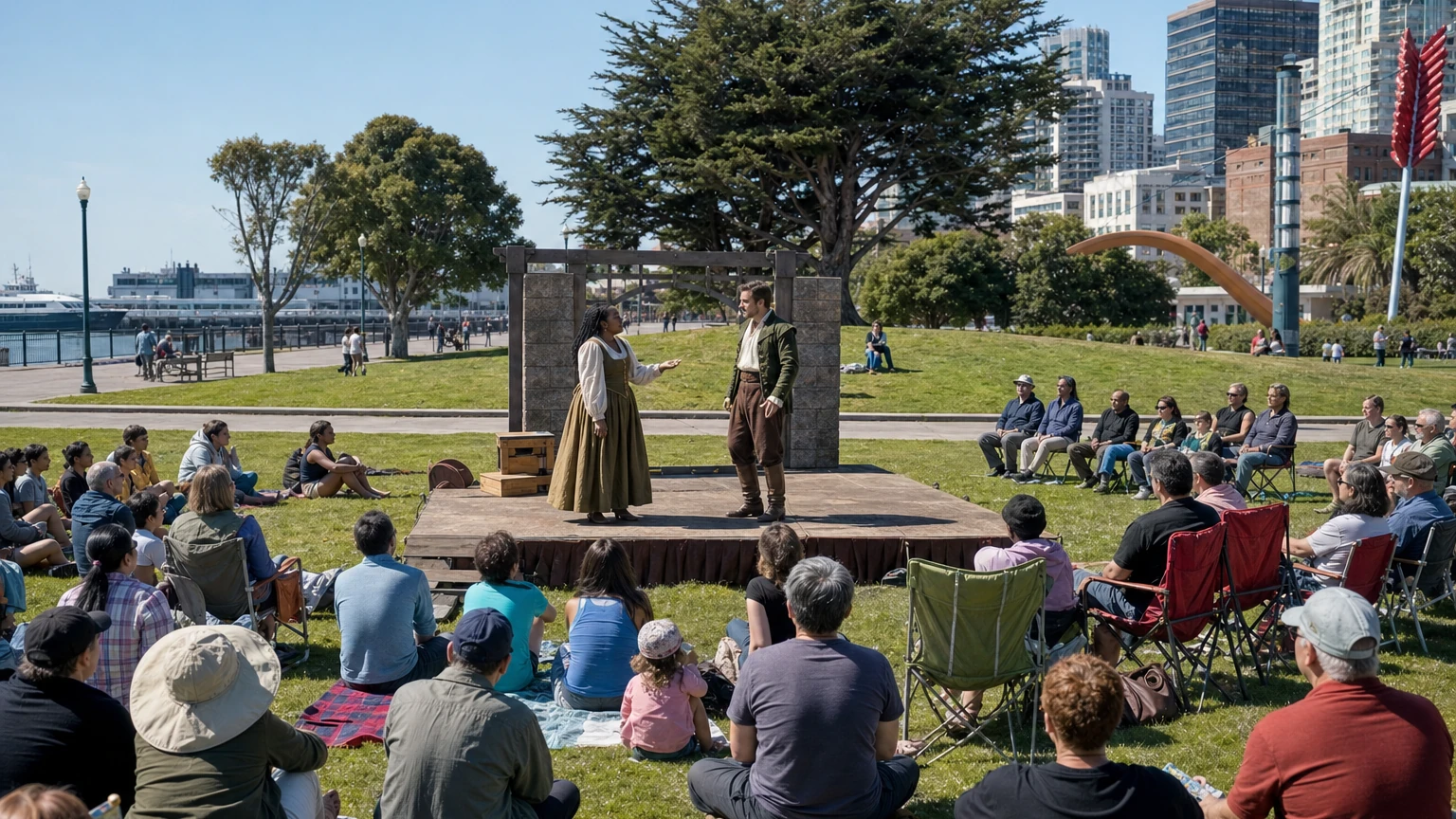 Representative editorial view of an outdoor Shakespeare performance in a San Francisco waterfront park with spectators on blankets and low chairs.