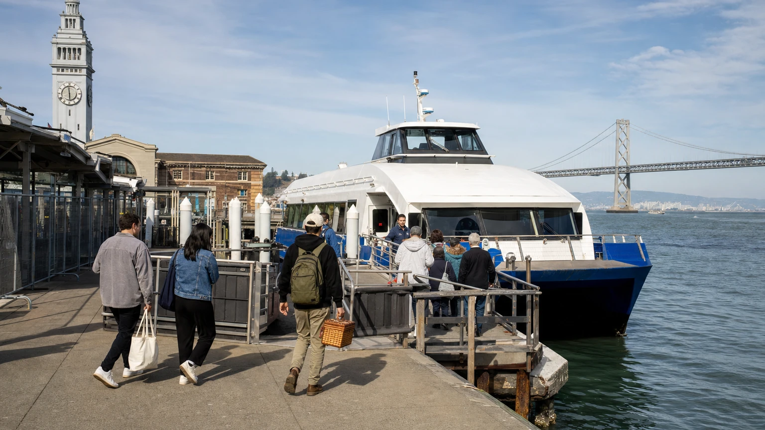 Representative illustration of a passenger ferry crossing San Francisco Bay toward Treasure Island with the Bay Bridge nearby.