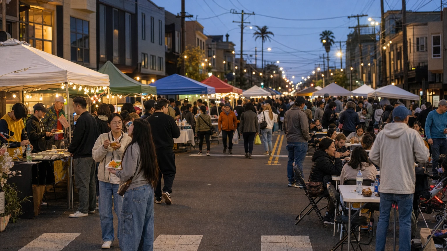 Representative editorial illustration of a neighborhood night market near Mission Street and Ocean Avenue; reused temporarily from earlier Excelsior coverage.