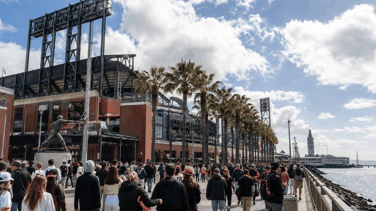 Representative editorial view of Oracle Park and San Francisco Giants game-day activity near the waterfront.
