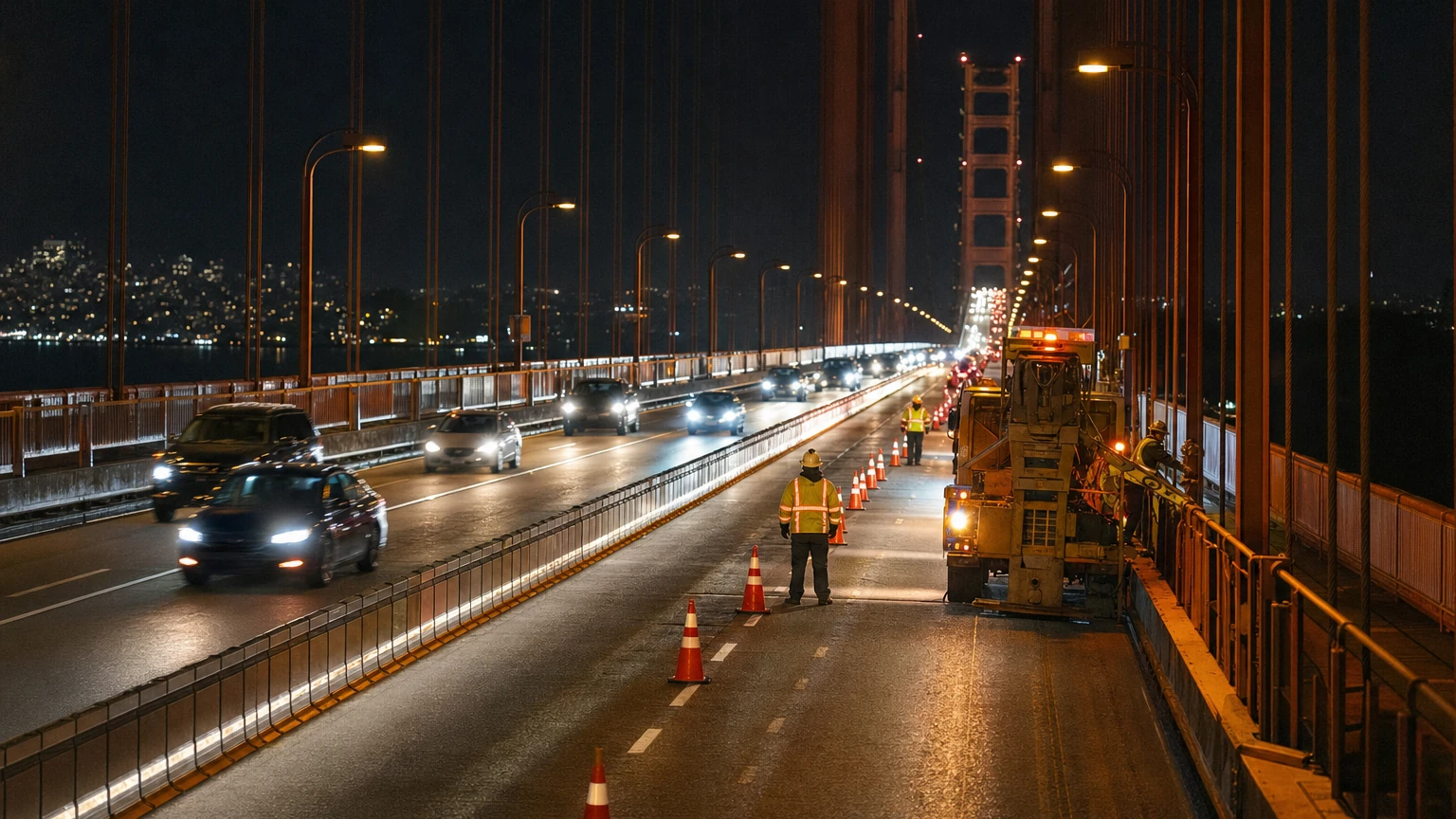 Representative editorial view of the Golden Gate Bridge at night with traffic moving through reduced lanes beside a protected construction work zone.
