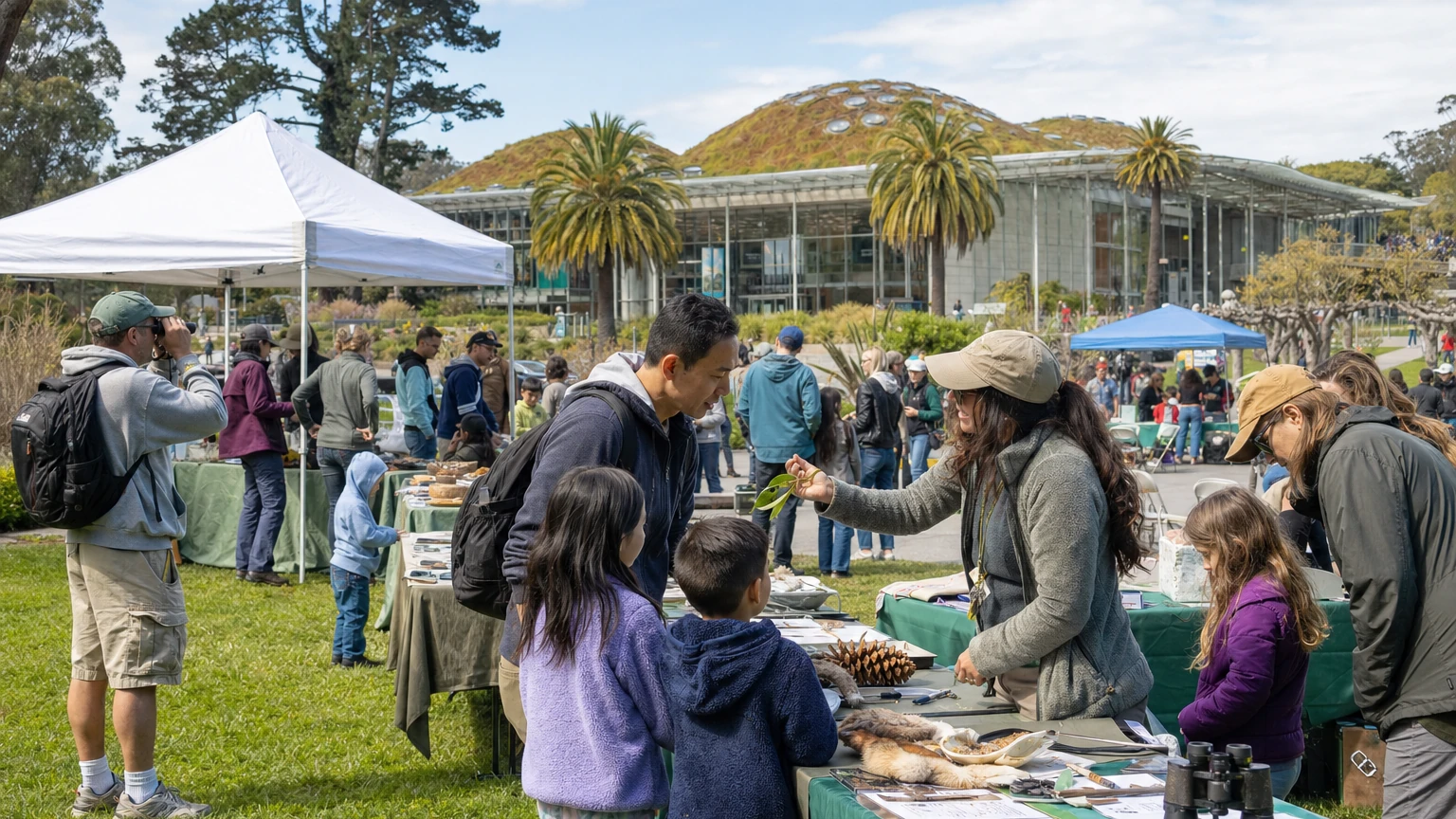 Representative editorial illustration of a free family nature festival with biodiversity activity tables outside the California Academy of Sciences in Golden Gate Park.