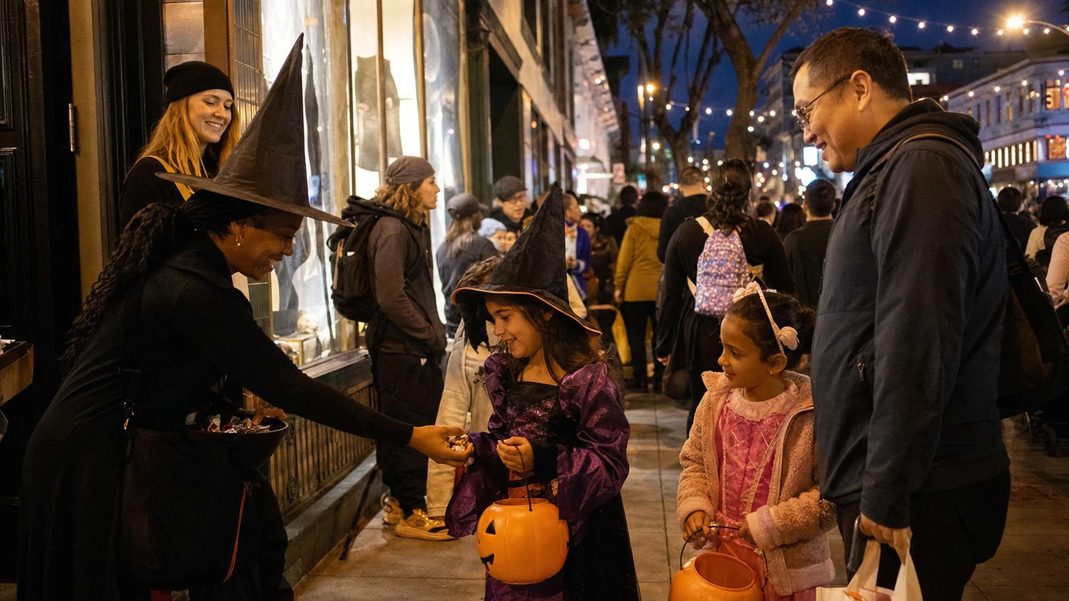 Representative editorial illustration of families trick-or-treating in costumes on a car-free Sunset Dunes path by San Francisco’s Ocean Beach.