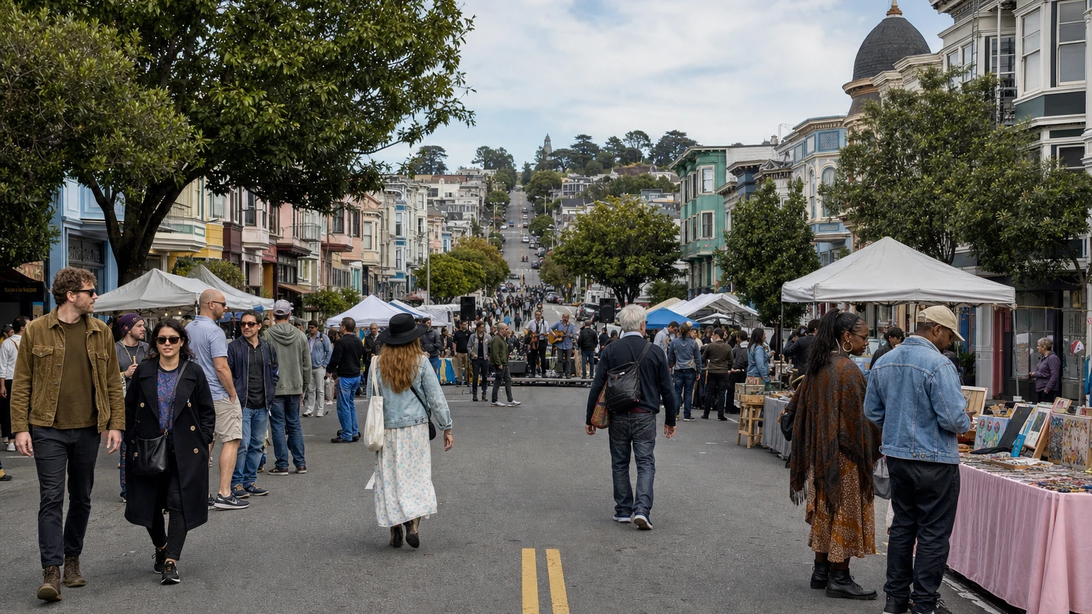 Representative illustration of a busy Haight Street fair with vendor booths and pedestrians in San Francisco.