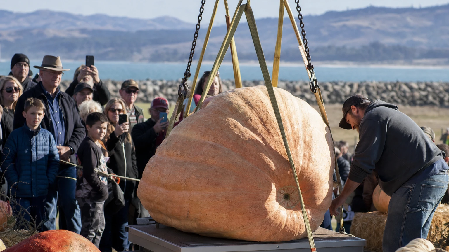 Representative editorial view of giant pumpkins lined up for an outdoor weigh-off in downtown Half Moon Bay with a large scale and spectators.
