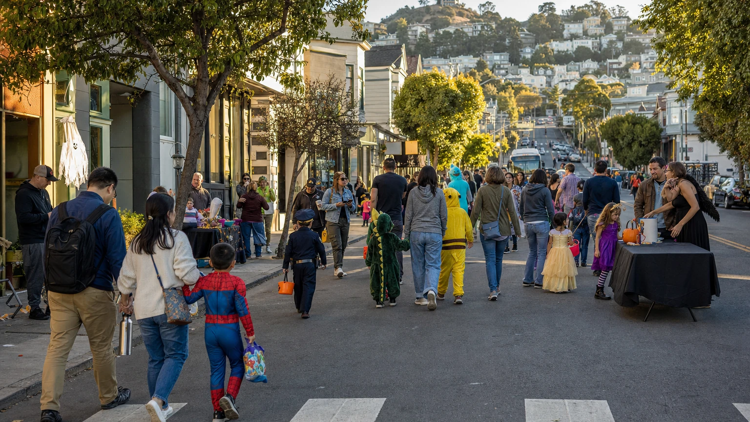 Representative editorial illustration of a San Francisco Halloween street event.