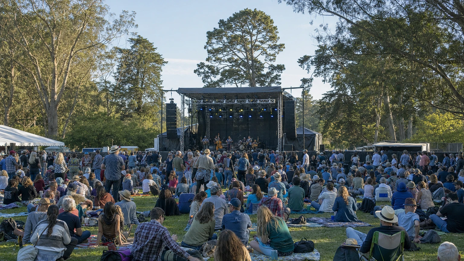 Representative editorial illustration of a large free outdoor music festival crowd in Golden Gate Park with stages, trees and blankets on the grass.