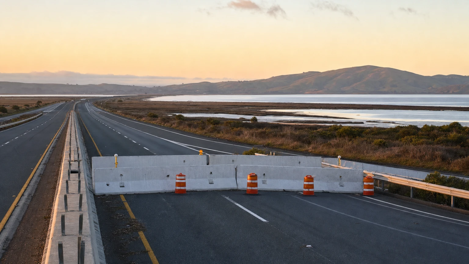 Representative editorial illustration of Bay Area highway traffic and a road-closure sign; not a photograph of the October Highway 37 work.