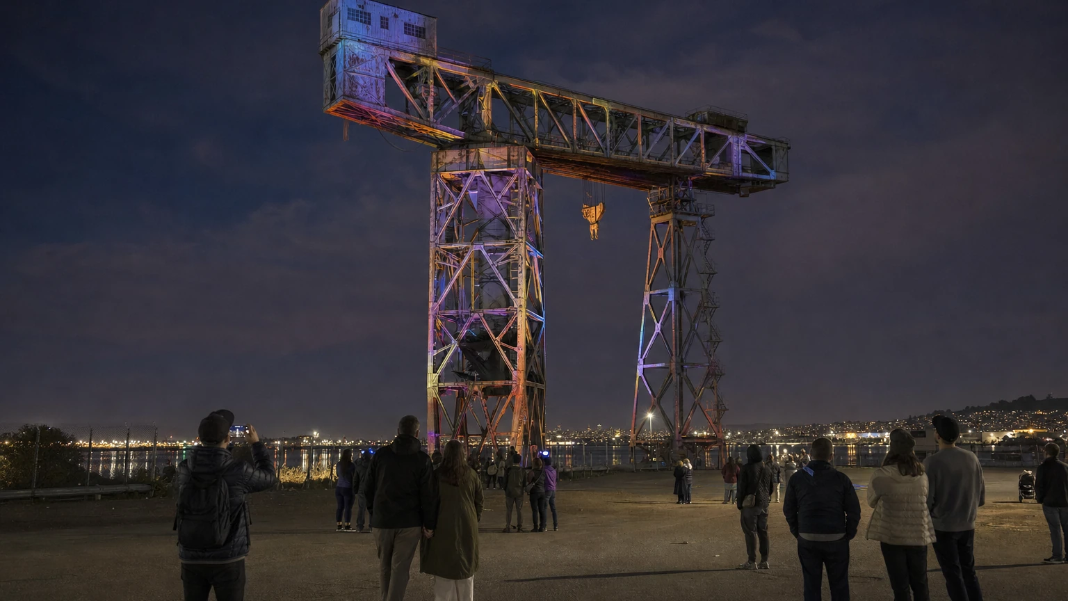 Representative editorial illustration of large-scale projected light artwork on an industrial waterfront structure at night.