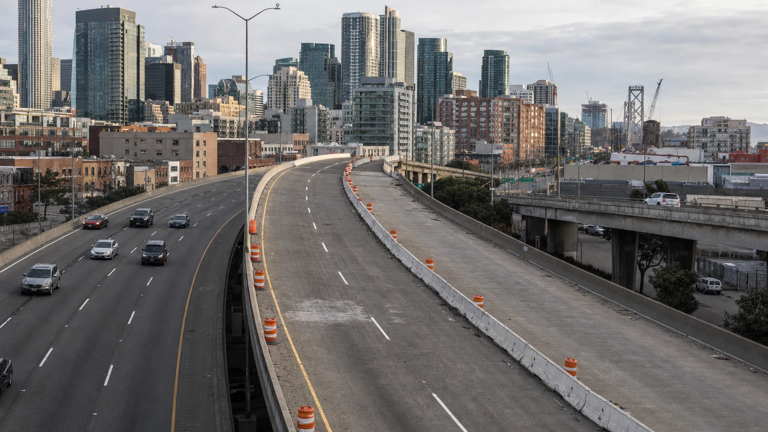 Representative editorial illustration of Bay Area freeway traffic and a road-closure sign; not a photograph of the Oct. 23–26 I-80 work.