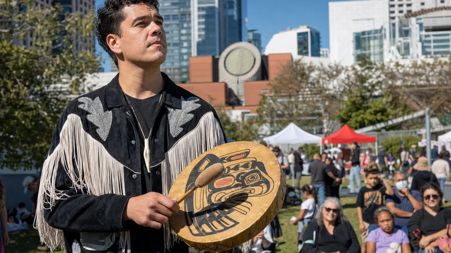 Representative editorial illustration of an Indigenous Peoples Day gathering on the Great Lawn at Yerba Buena Gardens.