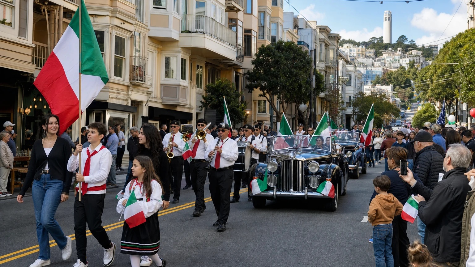 Representative editorial illustration of a San Francisco street parade with spectators lining the route.