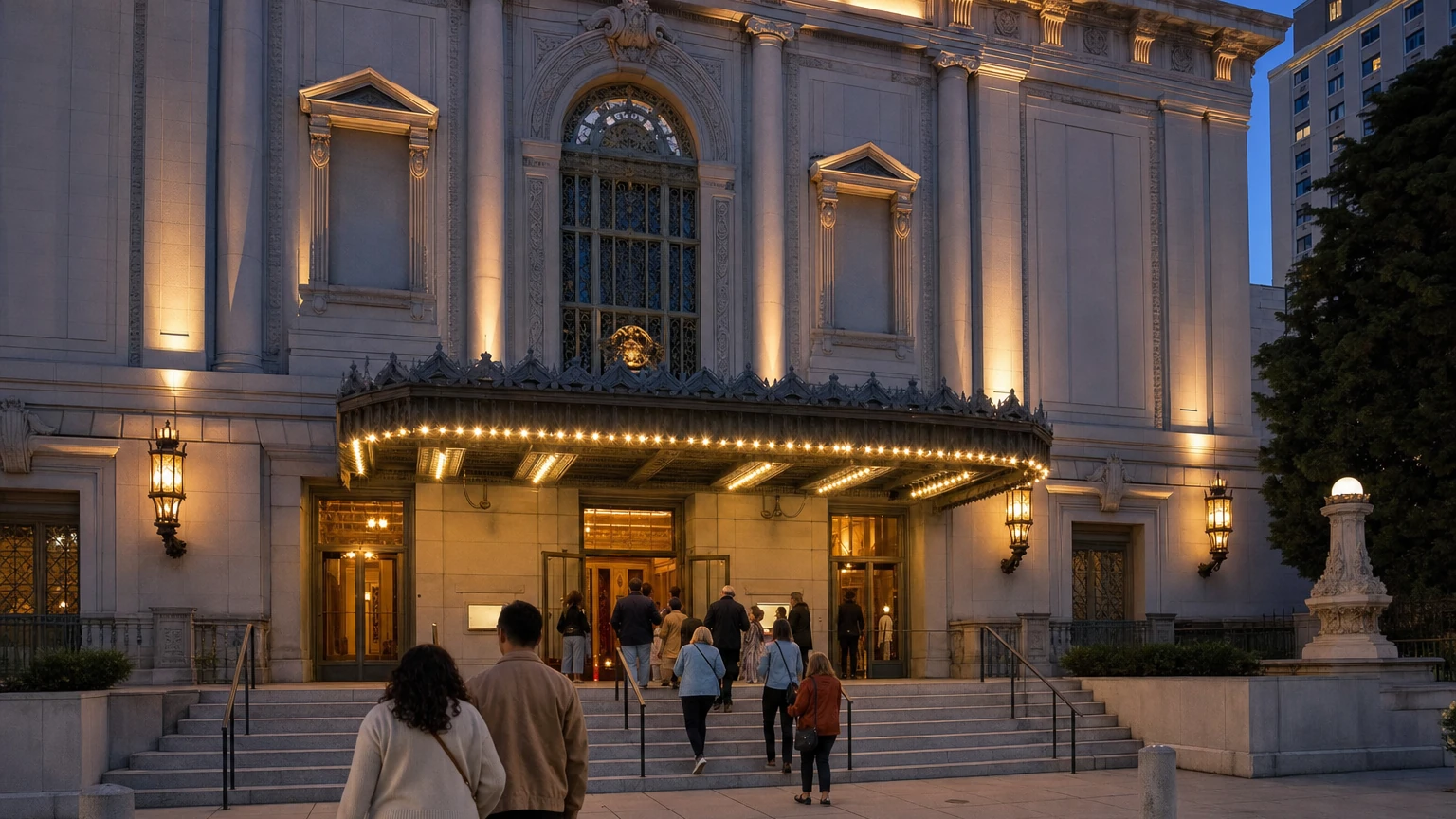 Representative nighttime exterior of The Masonic in San Francisco with concertgoers arriving.