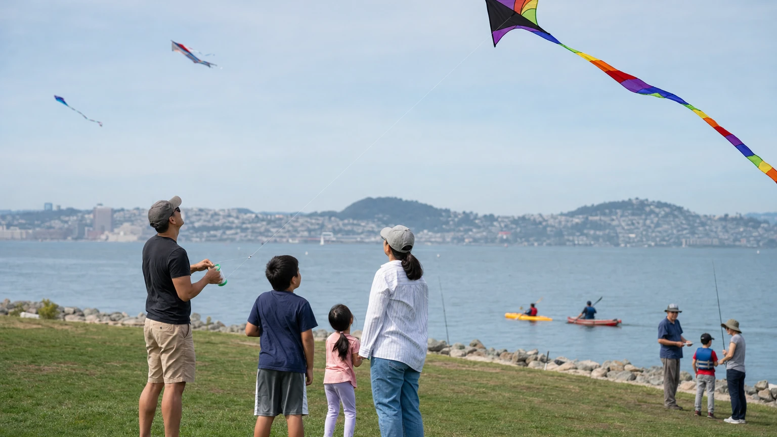 Representative illustration of families flying colorful kites along the Candlestick Point waterfront in San Francisco.