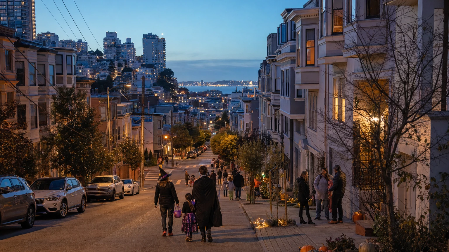 Representative editorial illustration of a family Halloween block gathering on a closed, hilly Russian Hill street in San Francisco.