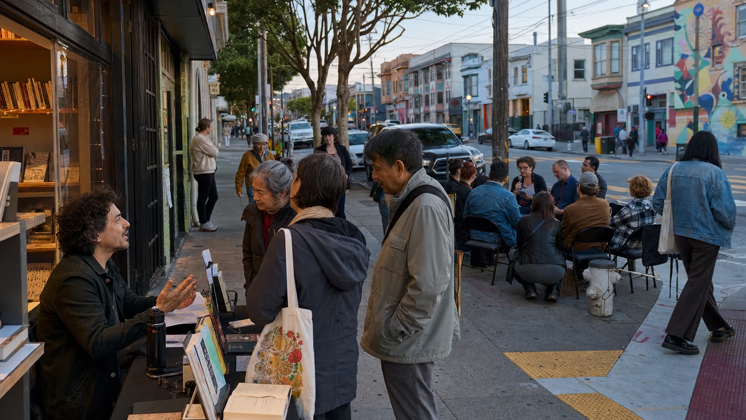 Representative editorial illustration of readers moving between bookstores, bars and literary venues in San Francisco’s Mission District.