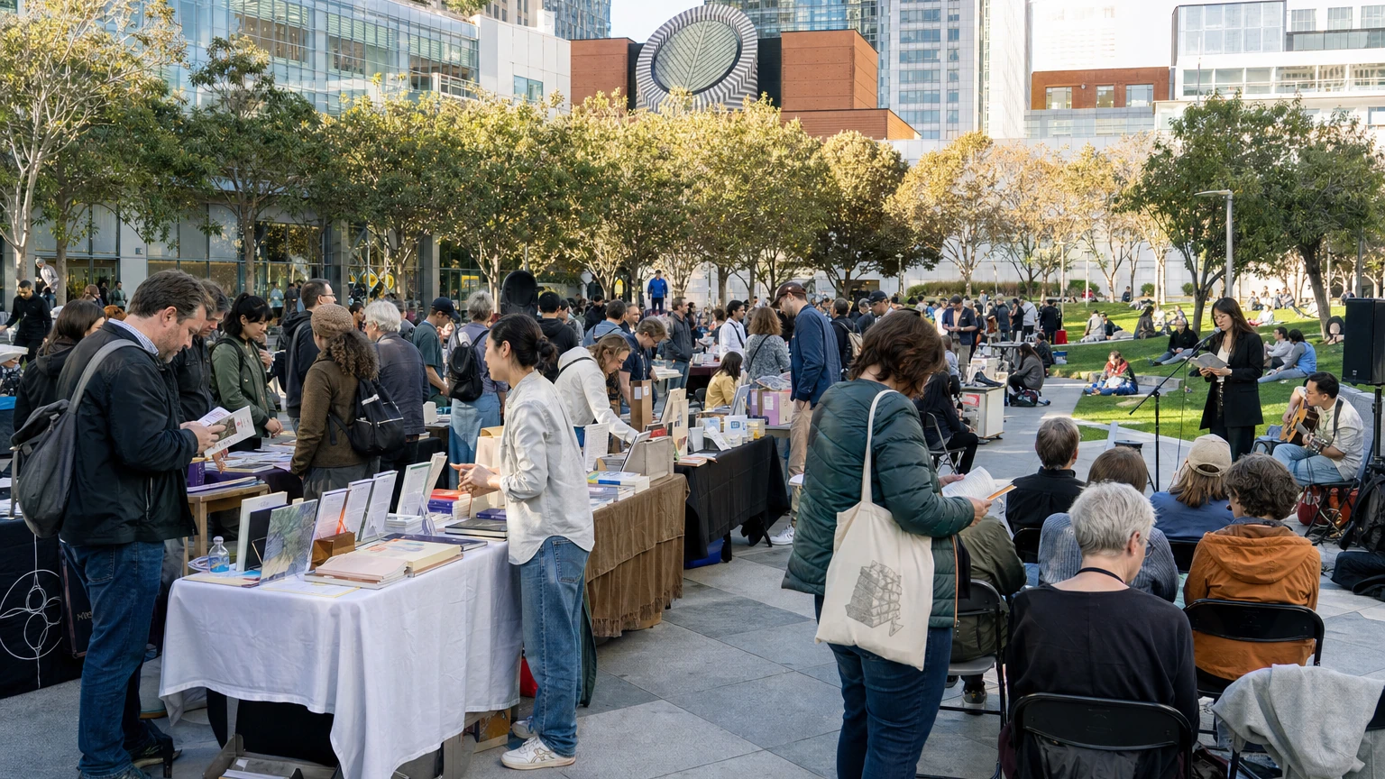 Representative editorial illustration of an outdoor literary festival at Yerba Buena Gardens with book tables, readers and visitors browsing small presses.