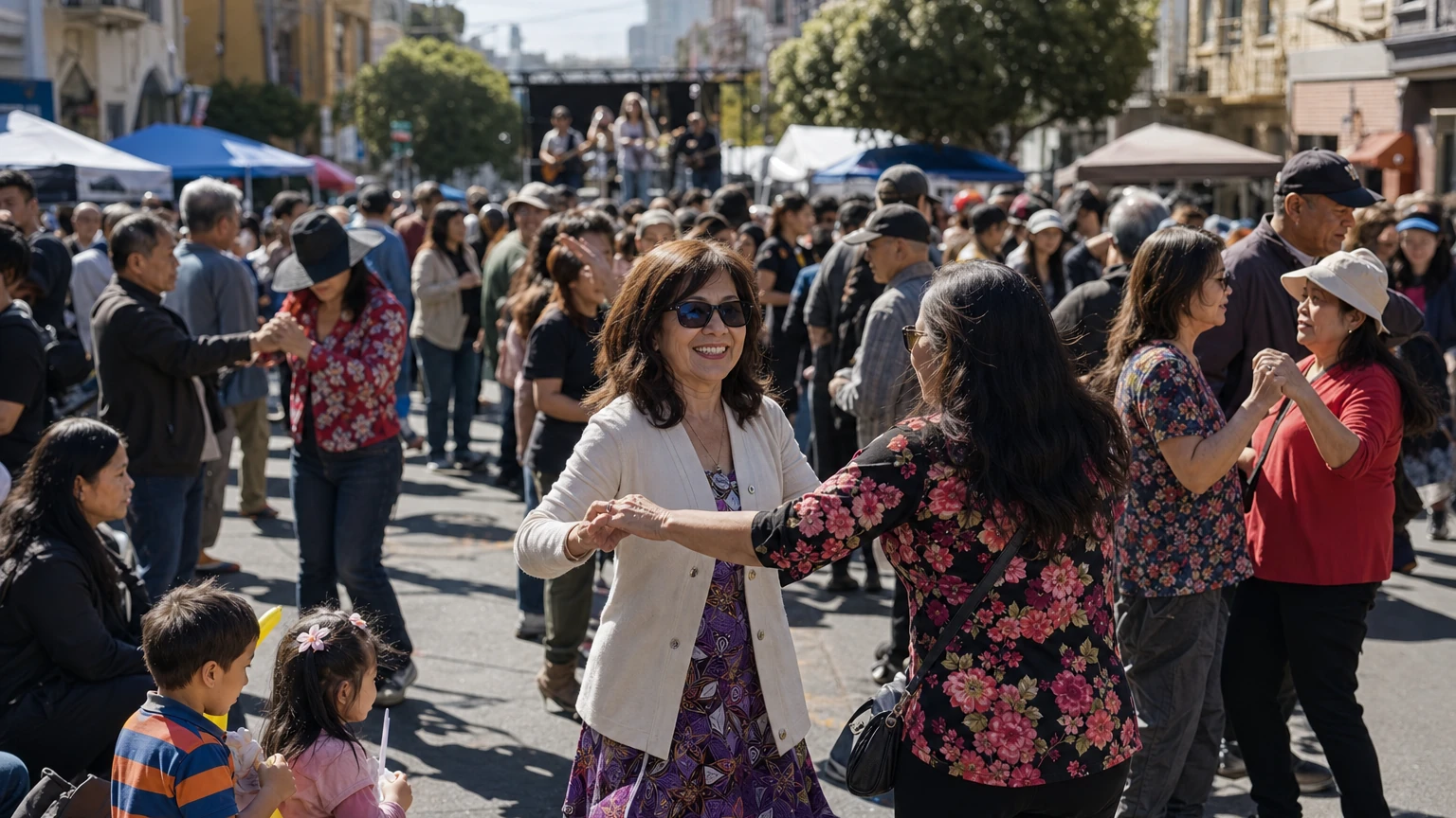 Representative editorial illustration of a Little Saigon street festival on Larkin Street with live music, families and food vendors.