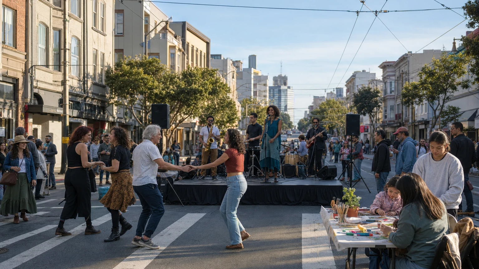 Representative editorial illustration of a free neighborhood street festival on Larkin Street; used temporarily for Lower Polk Live coverage.