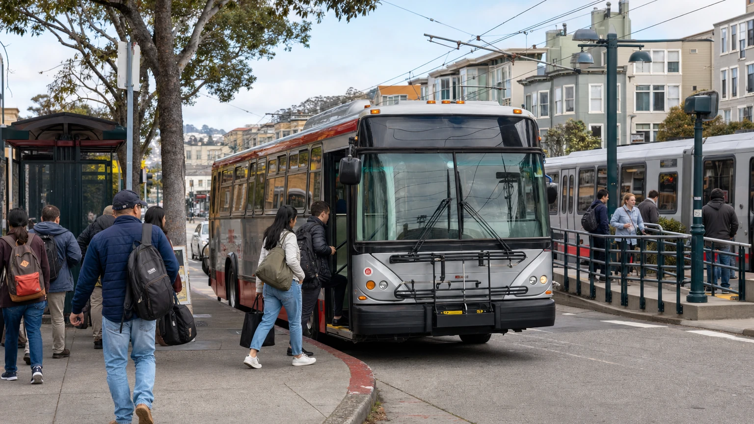Representative editorial view of Muni riders transferring between an M Ocean View light-rail vehicle and a shuttle bus in southern San Francisco.