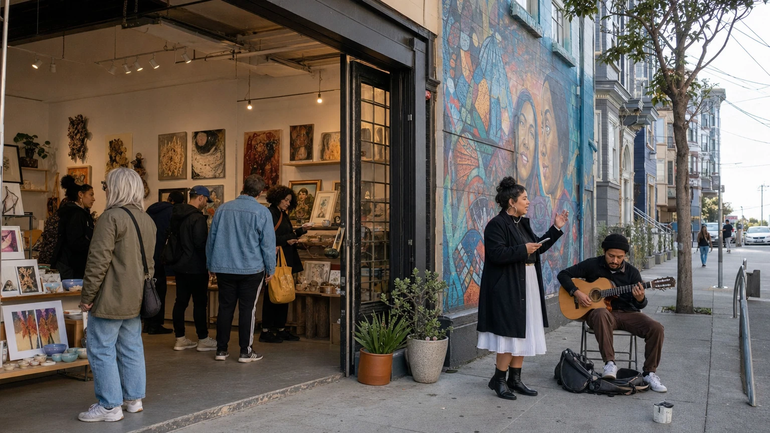 Representative editorial view of an evening Mission District art crawl with small performances, gallery spaces and pedestrians along Valencia Street.
