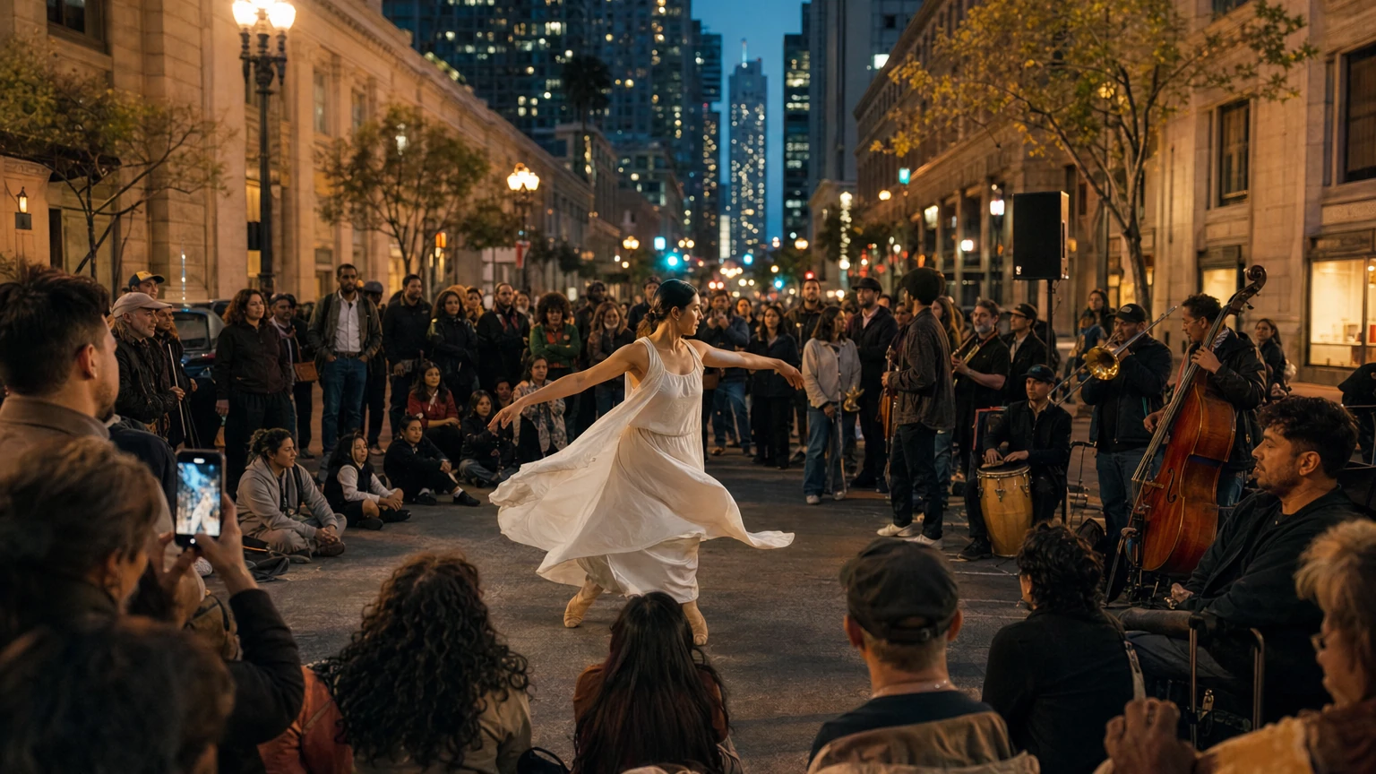 Representative editorial image of an evening arts and theater festival along Market Street in San Francisco.