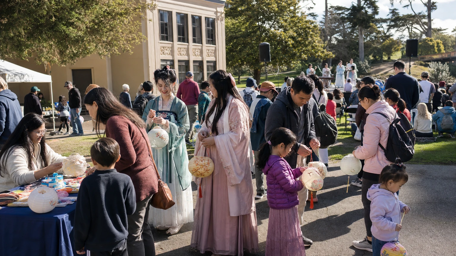 Representative editorial illustration of a daytime Mid-Autumn community festival with lanterns, Hanfu and family craft activities in Golden Gate Park.