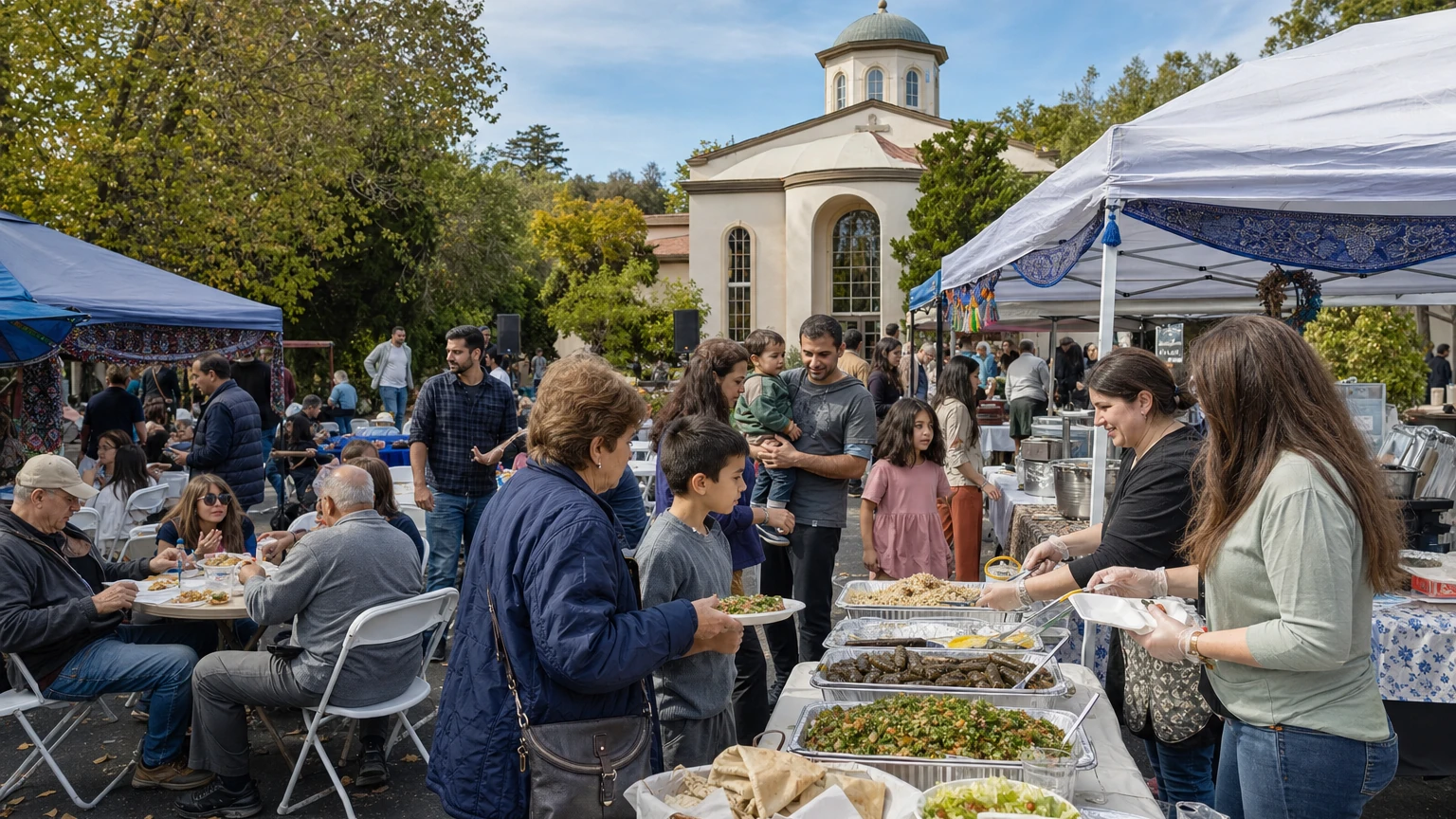 Representative editorial view of a San Francisco community festival with Middle Eastern dishes in the foreground, families, musicians and vendor booths.