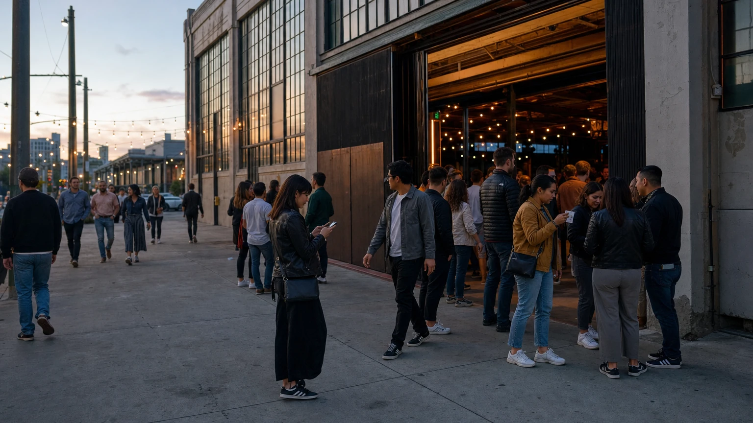 Photorealistic editorial nighttime view of crowds outside The Midway in San Francisco, representing Labor Day weekend event activity in Dogpatch.