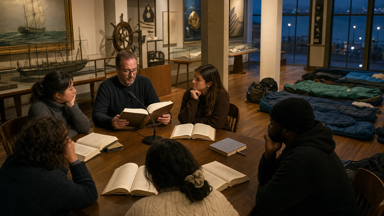 Representative illustration of an overnight public reading inside San Francisco’s Maritime Museum.