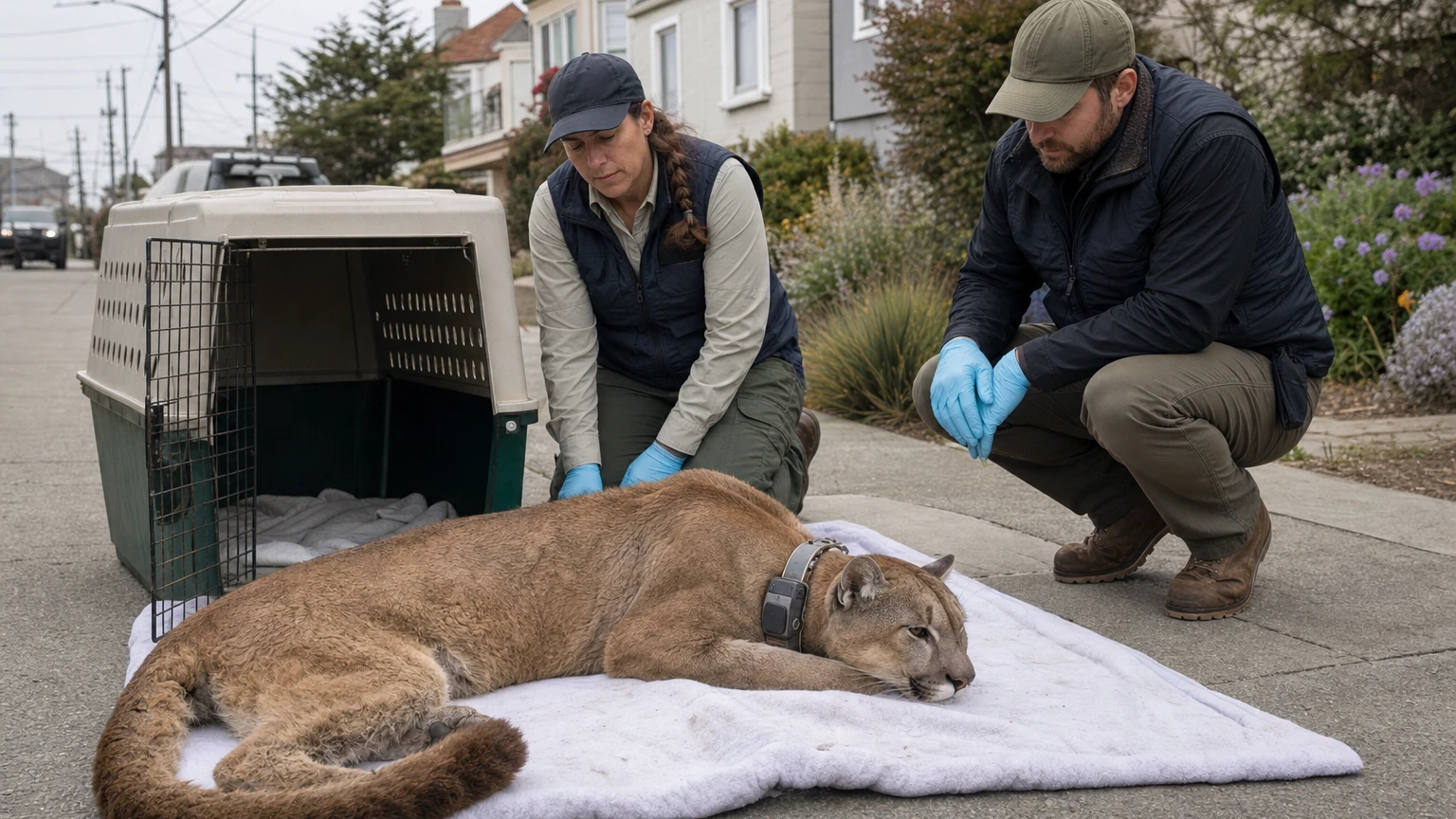 Representative editorial illustration of a mountain lion in a residential Outer Sunset front yard in San Francisco.