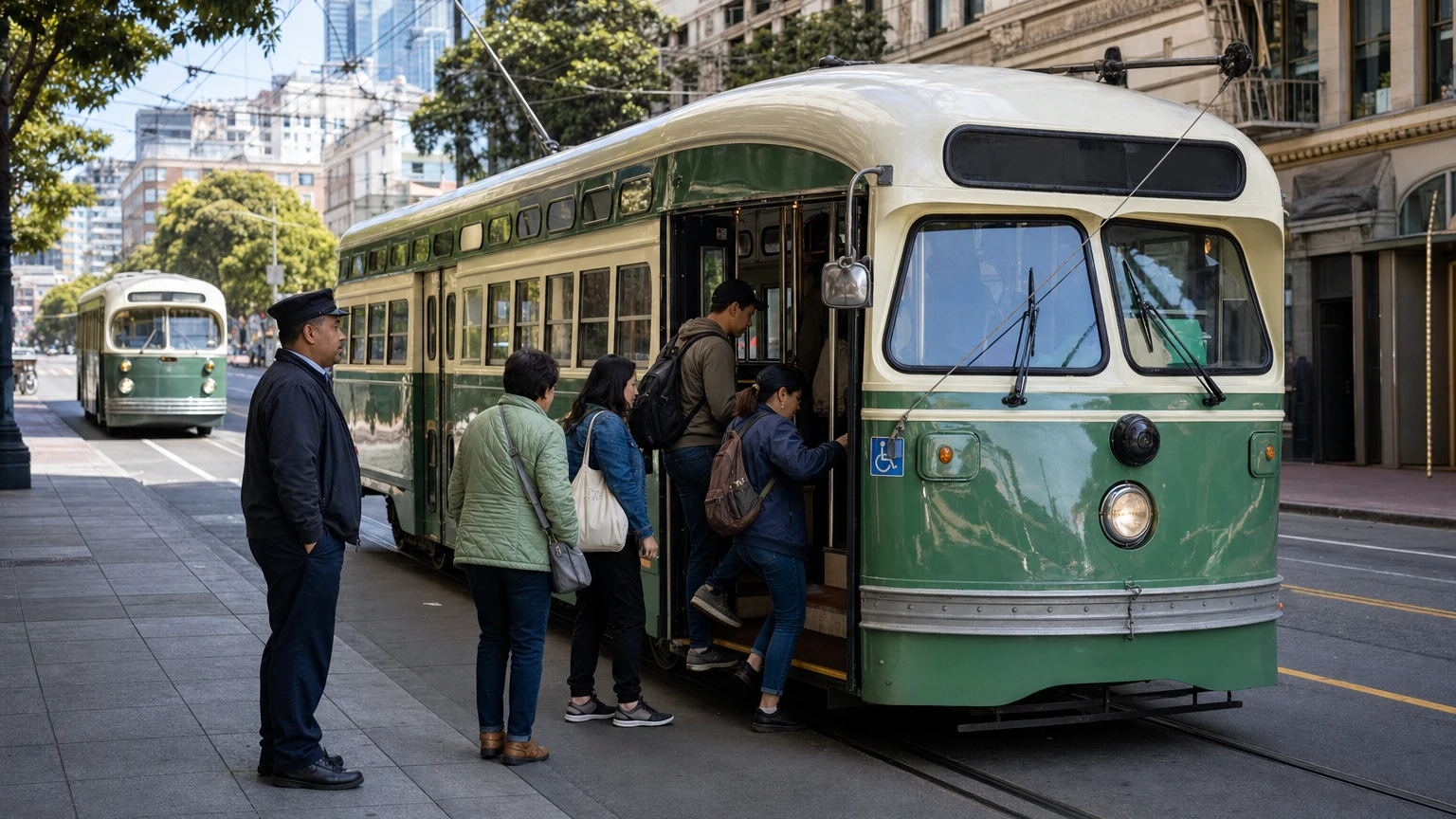 Representative editorial illustration of historic San Francisco streetcars and vintage buses carrying riders along the Embarcadero during Muni Heritage Weekend.
