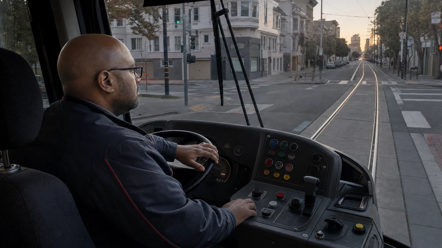 Representative view from behind a transit operator at the controls on a San Francisco street at dawn.