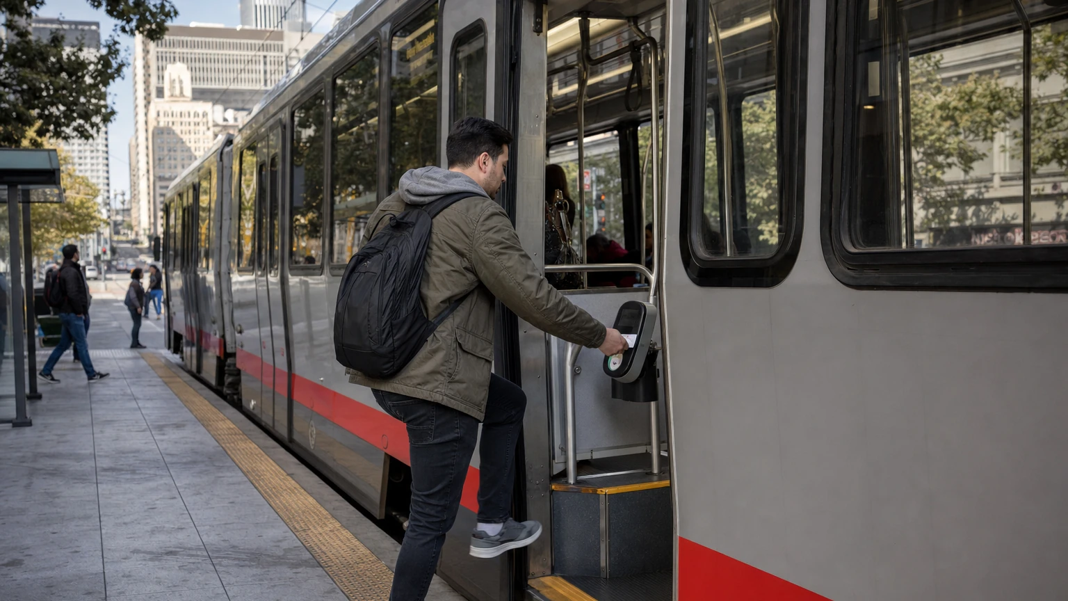 Passengers boarding Muni at a San Francisco stop, with a Muni vehicle at the curb.