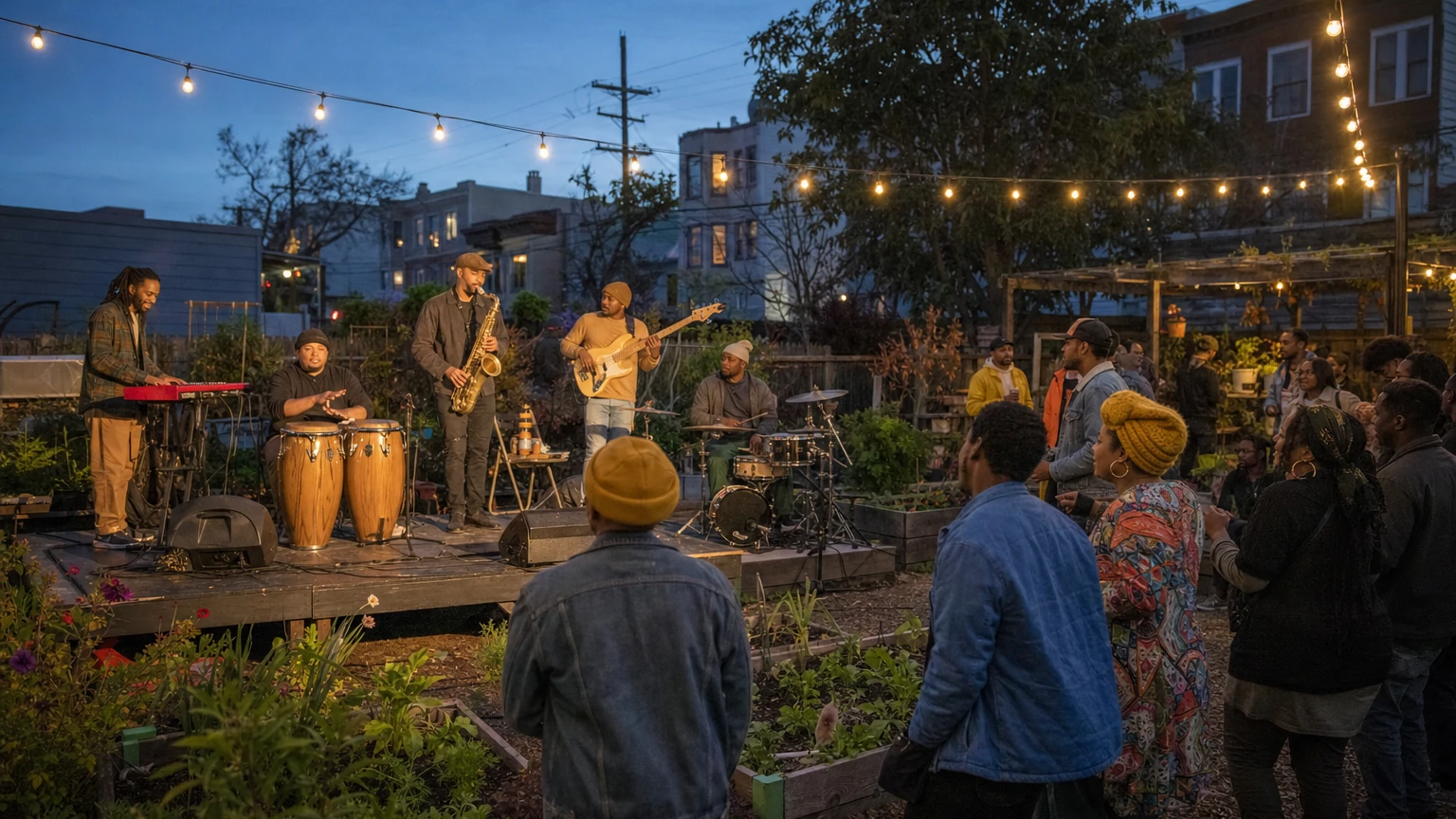 Representative editorial view of an intimate outdoor evening concert in San Francisco’s Bayview with a garden setting, musicians and a mixed-age crowd.