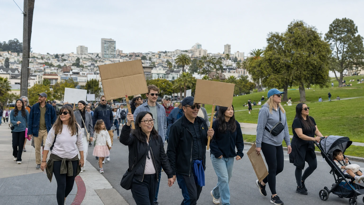 Representative editorial illustration of a large civic march gathering near Dolores Park in San Francisco.