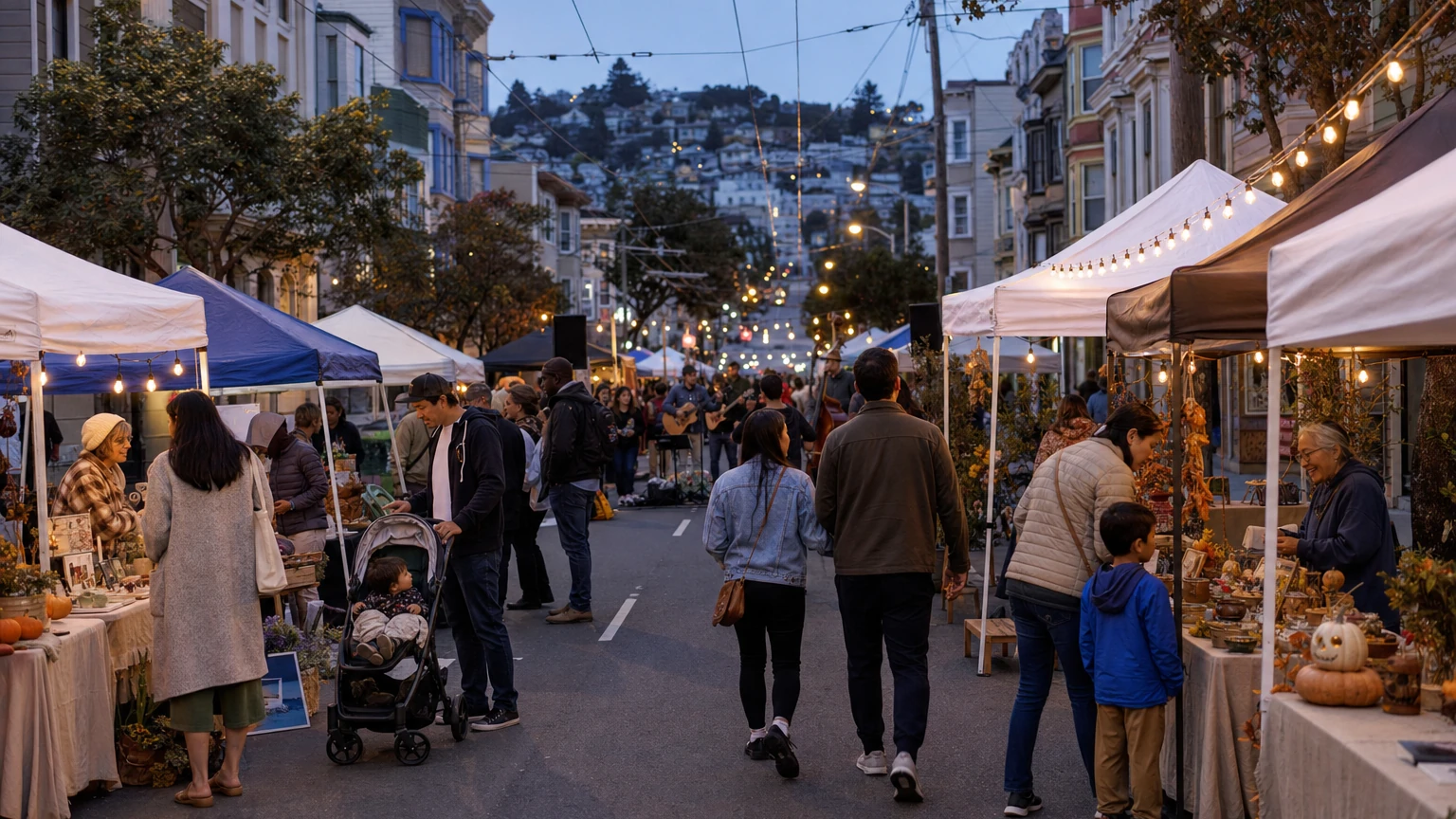 Representative editorial view of an evening neighborhood night market on 24th Street in Noe Valley; not a photograph of the Oct. 27 market.