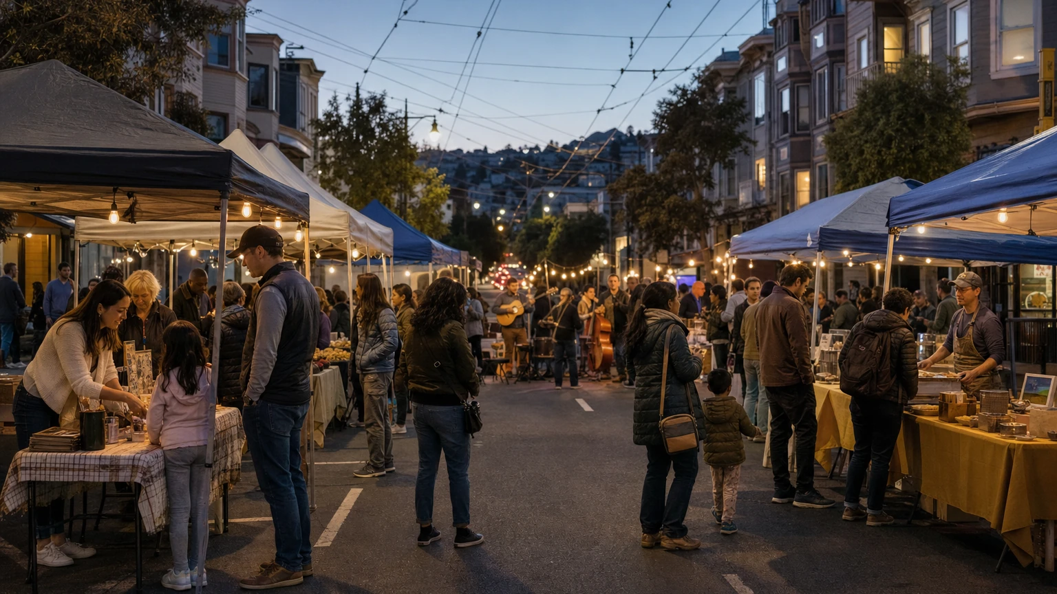 Representative editorial view of an evening neighborhood night market on 24th Street in Noe Valley with vendor booths, families and pedestrians.