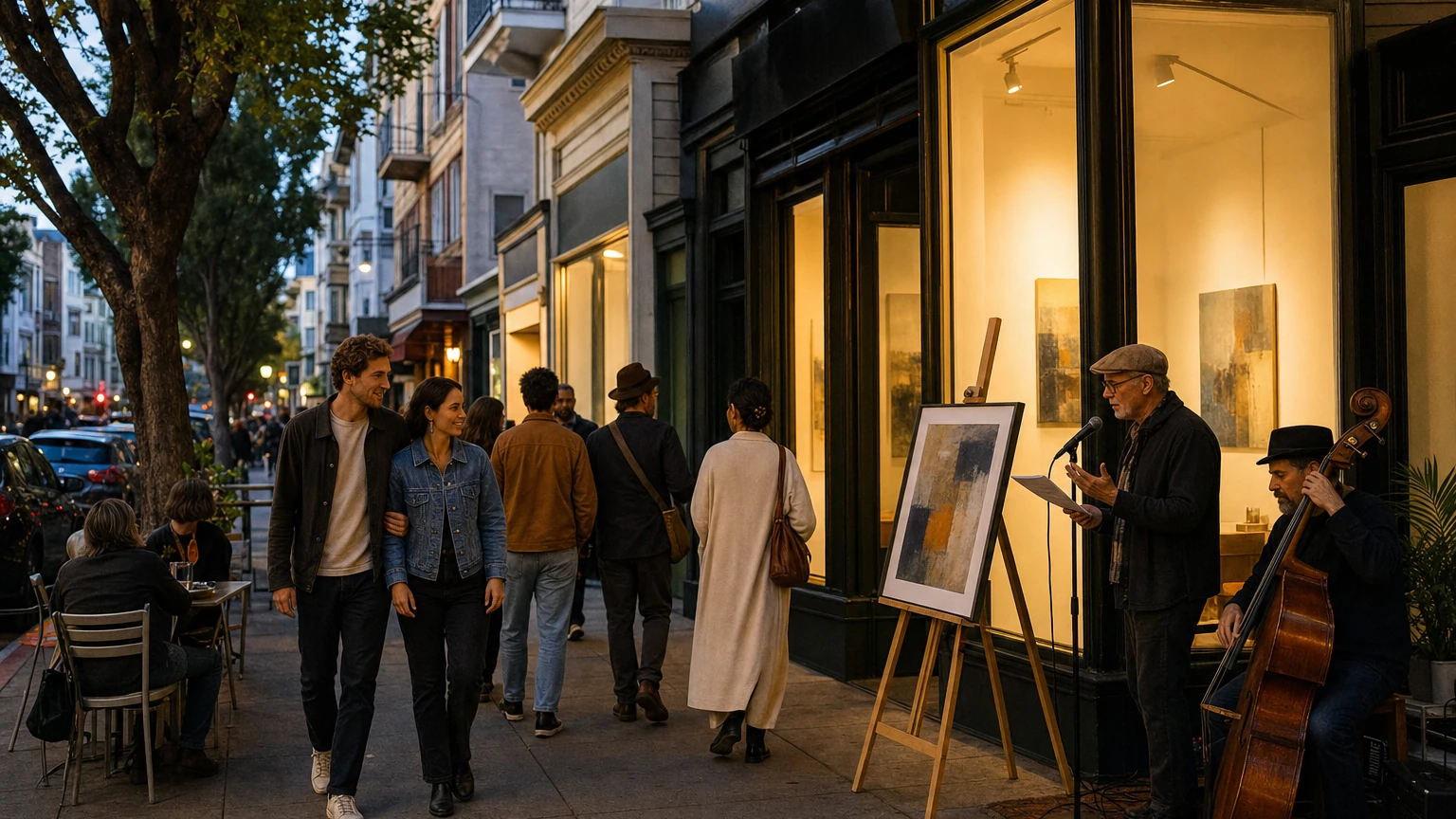 Representative evening street scene in San Francisco's North Beach.