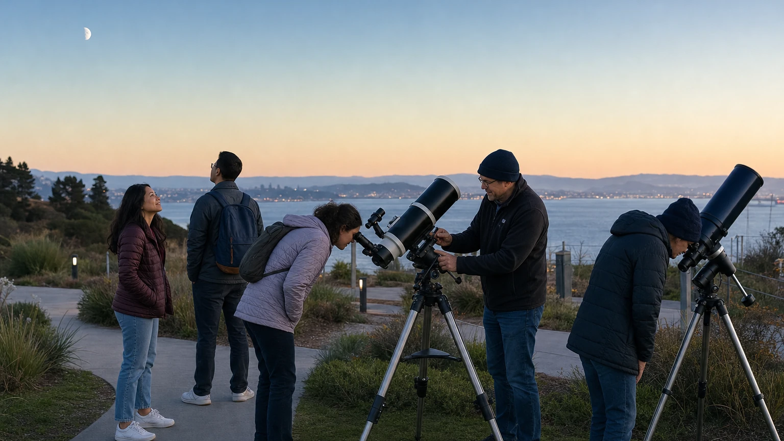 Representative editorial illustration of a public telescope gathering on the Presidio Tunnel Tops lawn under a realistic night sky.